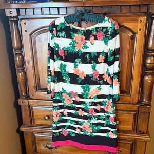 Eliza J Black & White Striped Shift Dress with Pink Floral Print
